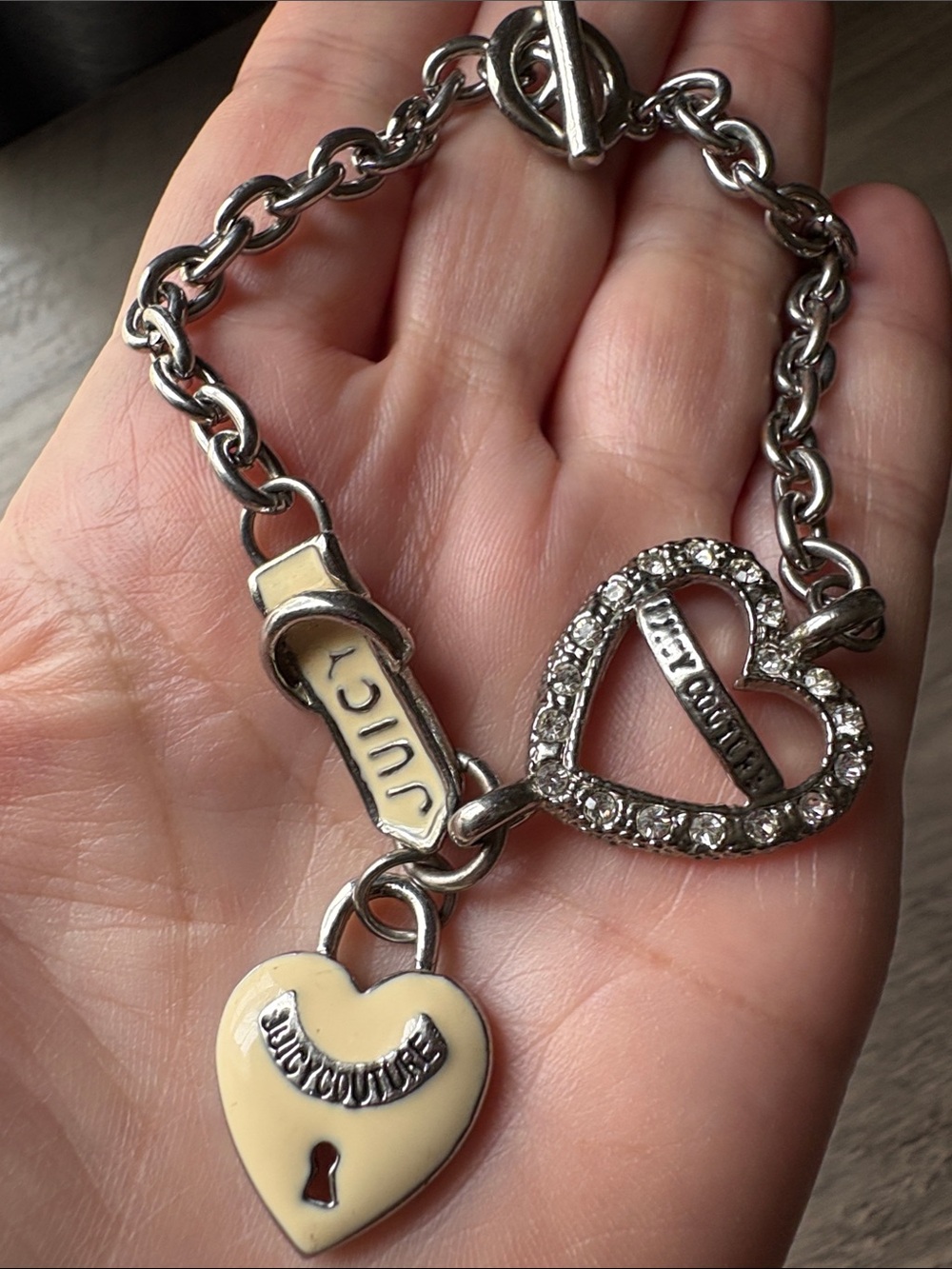 Juicy Couture Silver-Tone Heart Charm Bracelet with Cream Enamel Heart